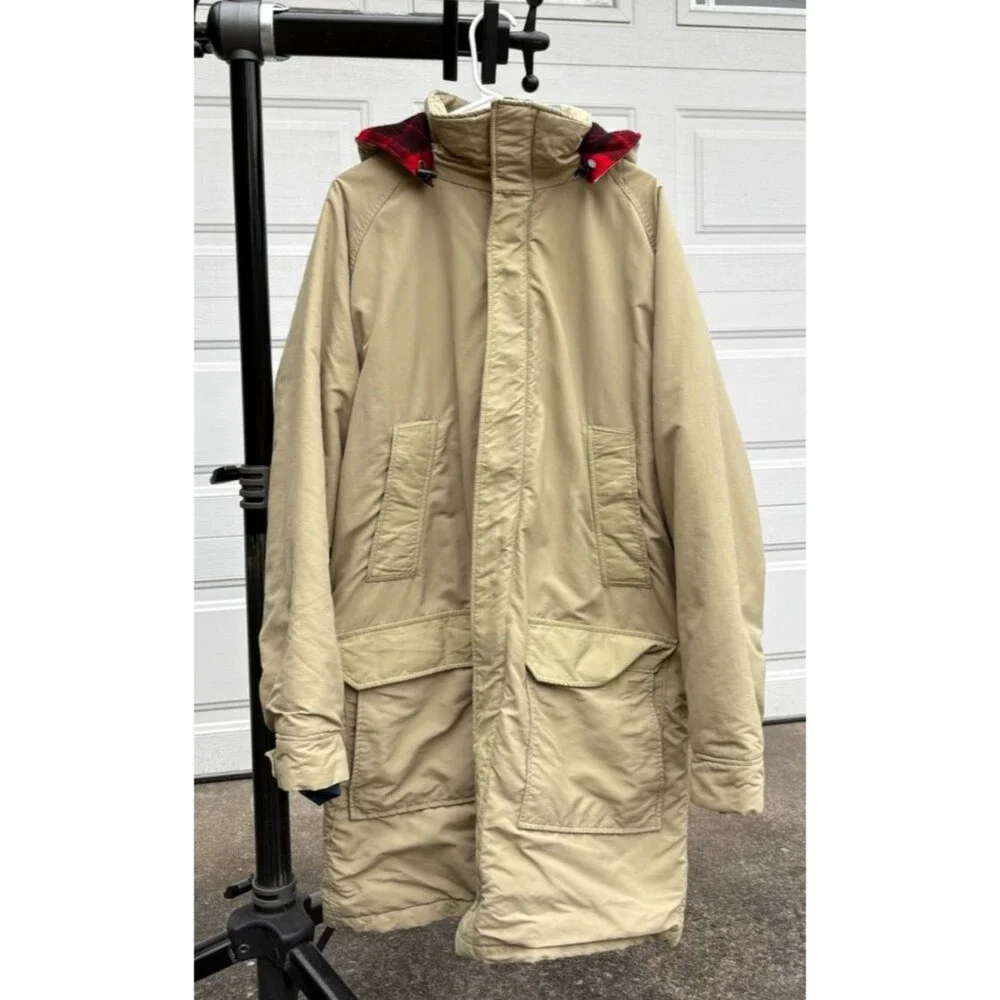 Vintage Lands End Parka Mens M Made USA Wool Plaid Lined Hooded Tan Coat